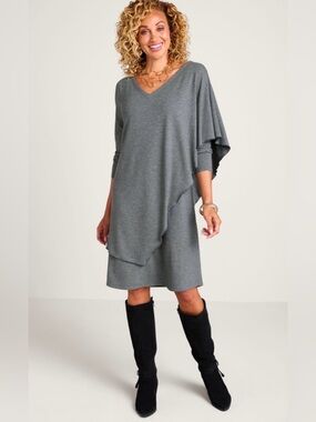 Soft Surroundings Marla dress gray long sleeve tiered artsy asymmetrical PXS